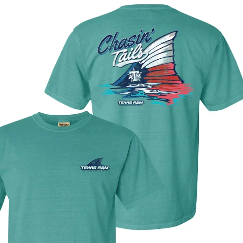 Teal Texas A&M t shirt with small front chest logo and large back graphic featuring “Chasin’ Tails” text, red white and blue fish tail, water design, and ATM logo