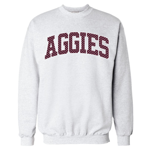 Texas A&M Aggies gray crewneck sweatshirt with maroon dotted Aggies lettering across the front