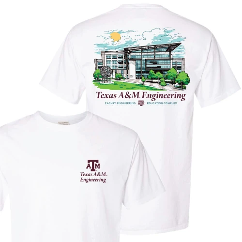 Texas A&M Aggies white t shirt with front Texas A&M Engineering logo and back graphic of Zachry Engineering Education Complex