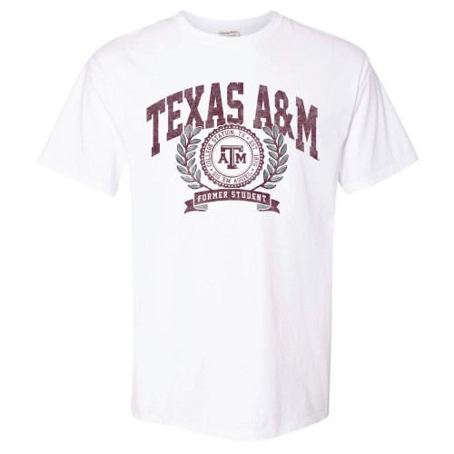 Texas A&M Aggies white t shirt with vintage crest design and Former Student text