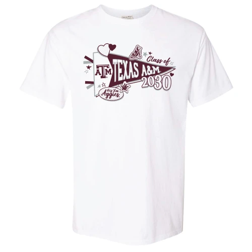 Texas A&M Aggies white t shirt with Texas A&M Class of 2030 graphic and collage style design