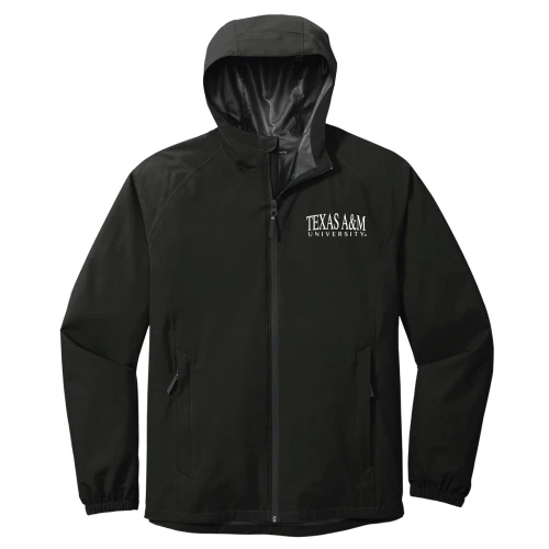 Texas A&M Aggies black full zip weather jacket with hood, front zipper, and Texas A&M University text on chest