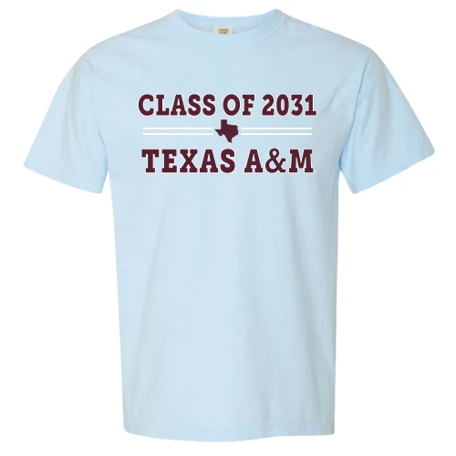 Texas A&M Aggies light blue t shirt with Class of 2031 text, Texas A&M wording, and Texas state outline graphic