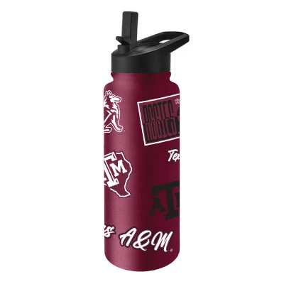 Maroon Texas A&M 34-ounce water bottle featuring assorted Aggie logos, Reveille artwork, Texas-inspired graphics, script lettering, and a black straw lid with built-in carry handle.