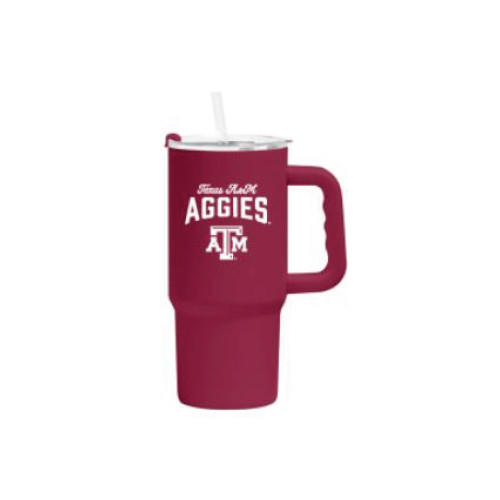 Maroon Texas A&M Aggies large handled tumbler with ATM logo, built in handle, clear lid, and reusable straw for everyday use