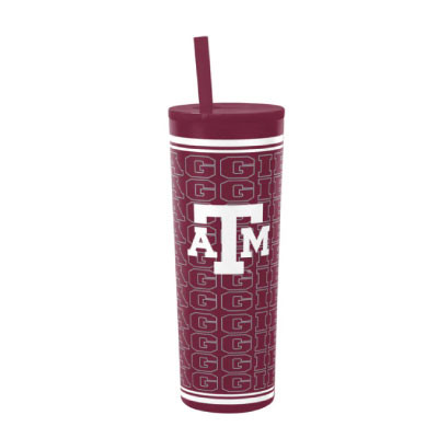 Maroon Texas A&M tumbler featuring an all over "Aggies" print design, iconic Texas A&M logo, matching lid, and reusable straw. Stylish drinkware for daily use, travel, tailgates, and game days.