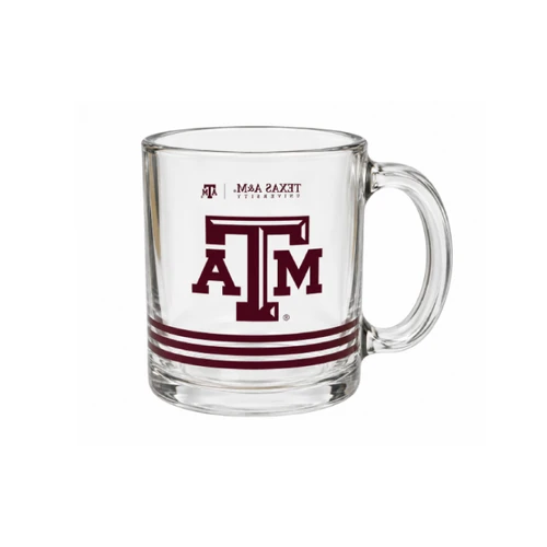 Clear 13-ounce Texas A&M glass mug featuring a large maroon A&M logo on the front, three maroon stripes around the bottom, and a clear glass handle.