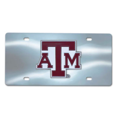 Texas A&M chrome license plate featuring a sleek silver chrome background with the iconic maroon Texas A&M logo centered on the front. Stylish auto accessory for Aggie fans.