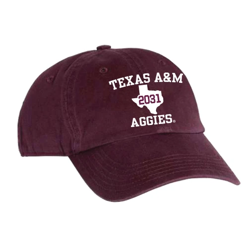 Texas A&M Aggies maroon Class of 2031 cap with Texas state outline and 2031 text