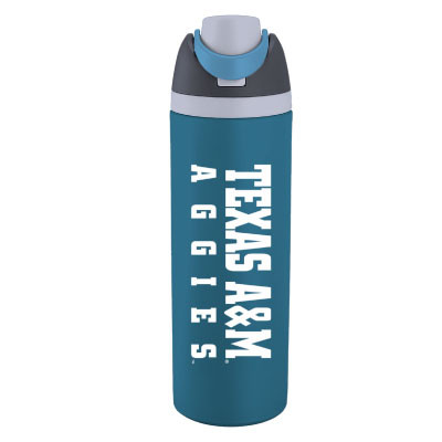 Teal Texas A&M water bottle featuring large vertical white "Texas A&M Aggies" lettering and a flip-up spout lid with carry loop.