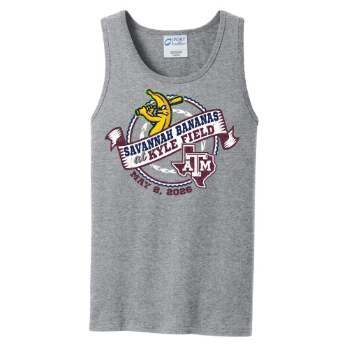 Savannah Bananas Texas A&M Aggies gray tank top with Kyle Field May 2nd game graphic and banana mascot