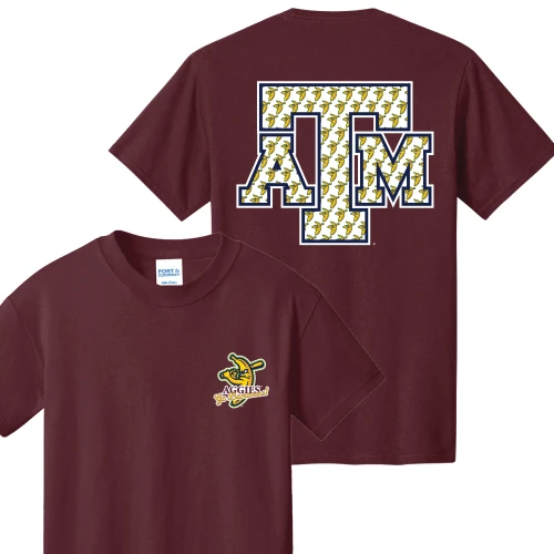 Savannah Bananas Texas A&M Aggies youth maroon t shirt with banana pattern logo and Aggies Go Bananas graphic for May 2nd Kyle Field game