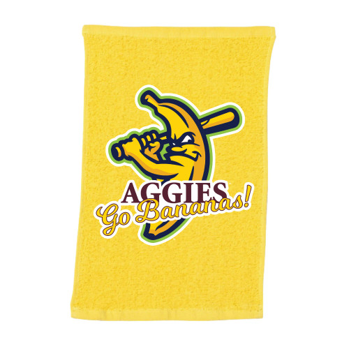 Savannah Bananas Texas A&M Aggies yellow rally towel with banana mascot and Aggies Go Bananas graphic for May 2nd game