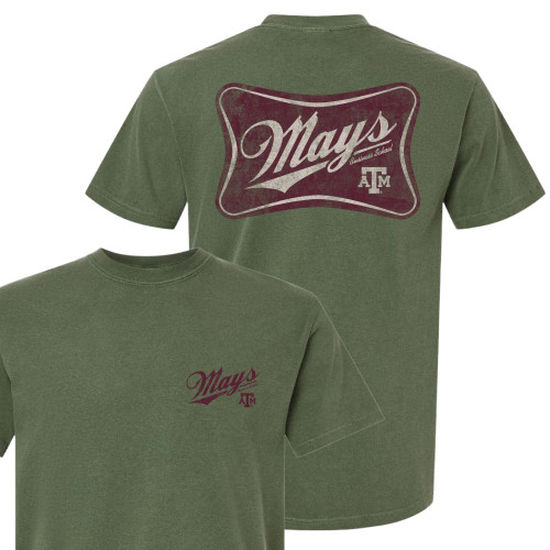 Green Texas A&M Mays Business School t shirt with small front chest logo and large vintage style back graphic featuring Mays script and ATM logo