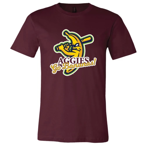 Savannah Bananas Texas A&M Aggies maroon t shirt with Aggies Go Bananas mascot graphic for May 2nd Kyle Field game