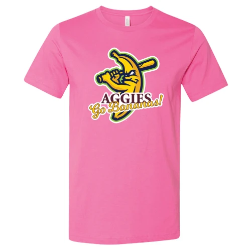 Savannah Bananas Texas A&M Aggies pink t shirt with Aggies Go Bananas mascot graphic for May 2nd Kyle Field game
