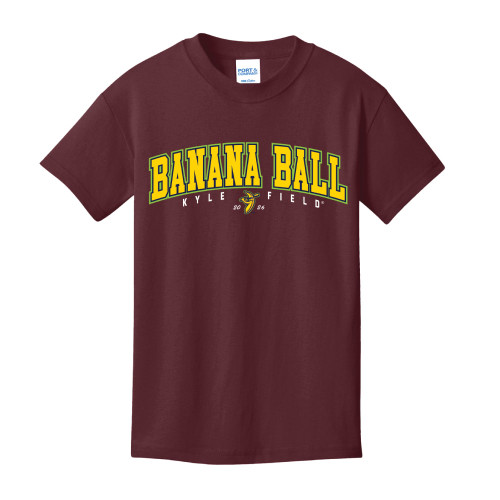 Youth maroon Texas A&M Banana Ball t shirt with bright yellow lettering, Kyle Field text, and Savannah Bananas logo for May 2nd event