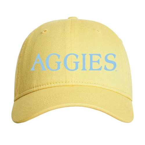 Yellow Texas A&M Aggies baseball cap with light blue “Aggies” text on front, curved bill, and classic adjustable style