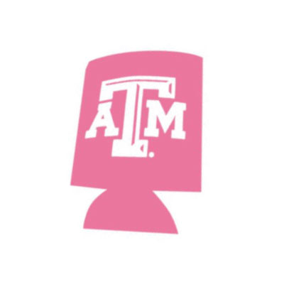 Pink Texas A&M can cooler featuring the iconic white Texas A&M logo. Insulated beverage sleeve for canned drinks, game days, tailgates, breast cancer awareness events, and everyday use.