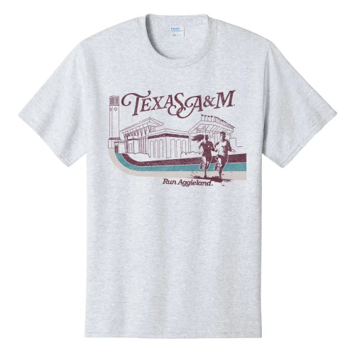 Heather grey Texas A&M Aggies t shirt with vintage campus illustration, runners graphic, and “Run Aggieland” text across the front