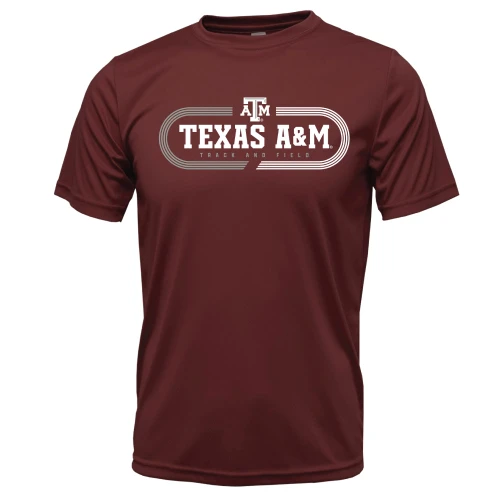 Maroon Texas A&M Aggies track and field active tee with white athletic style graphic and ATM logo across the front