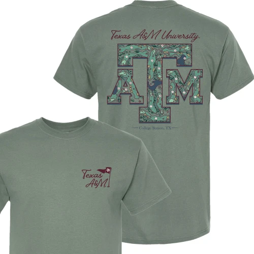 Texas A&M Aggies green t shirt with golf course pattern ATM logo on back and small front logo