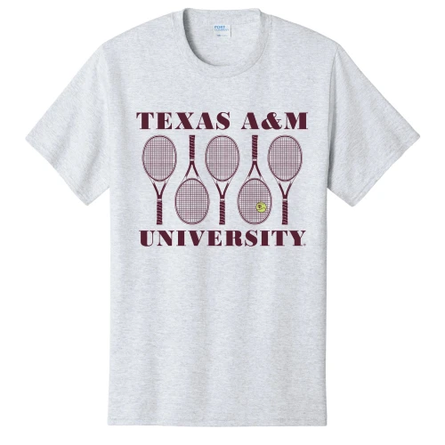 Texas A&M Aggies gray t shirt with tennis rackets graphic and Texas A&M University text