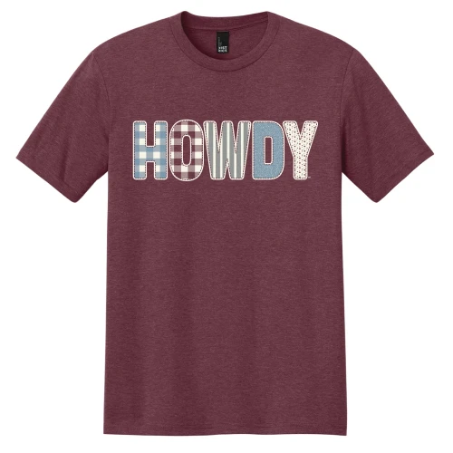 Texas A&M Aggies maroon t shirt with HOWDY lettering in mixed gingham and plaid patterns