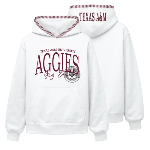 White Texas A&M pullover hoodie featuring large maroon “Aggies” lettering with “Texas A&M University” and “Gig ’Em” script graphic on the front, striped maroon hood trim details, front kangaroo pocket, and “Texas A&M” lettering printed across the back hood