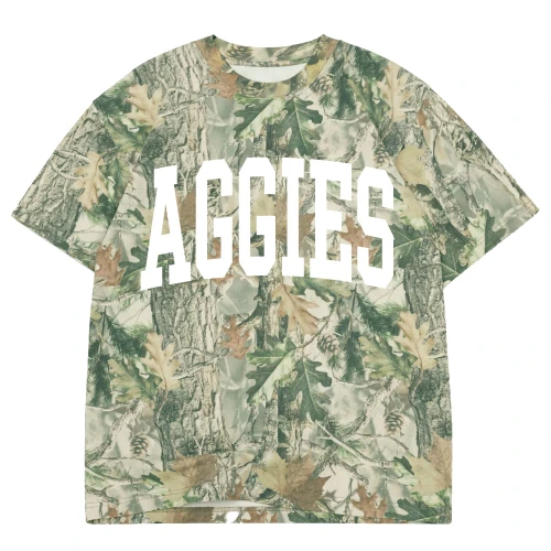 Texas A&M Aggies camouflage t shirt with woodland camo pattern and white AGGIES text