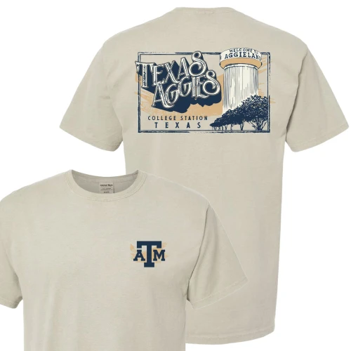 Texas A&M Aggies t shirt with water tower Aggieland graphic on back and front chest ATM logo