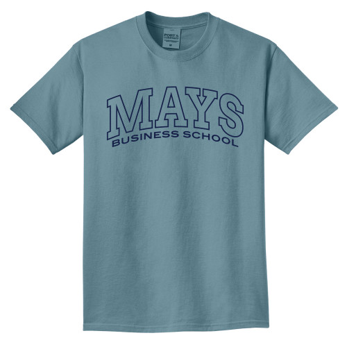 Light blue Texas A&M Mays Business School t shirt with outlined “Mays Business School” text across the front in collegiate style lettering