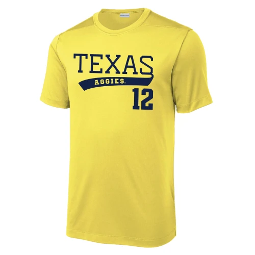 Yellow Texas A&M Aggies active jersey tee with Texas Aggies text and number 12, Savannah Bananas inspired bright game day shirt