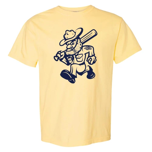 Yellow Texas A&M t shirt featuring Ol Sarge baseball logo with cartoon cadet holding bat in navy graphic on front