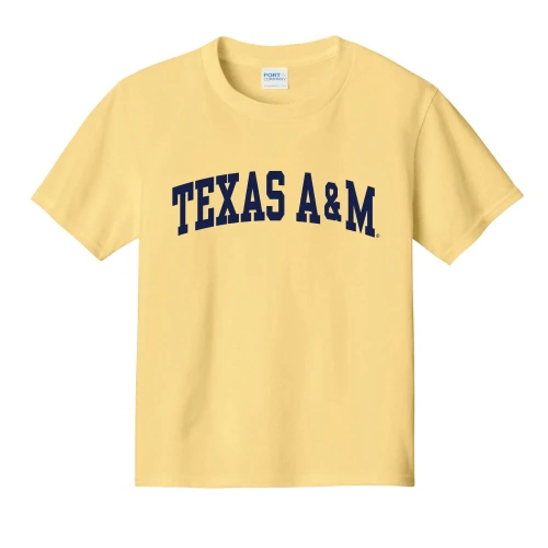 Youth yellow Texas A&M shirt with navy collegiate arch lettering
