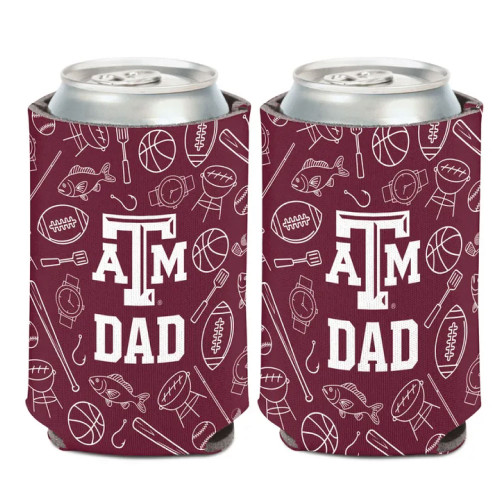 Maroon Texas A&M Dad can koozie with ATM logo, sports icons, fishing graphics, grill illustrations, and outdoor themed pattern