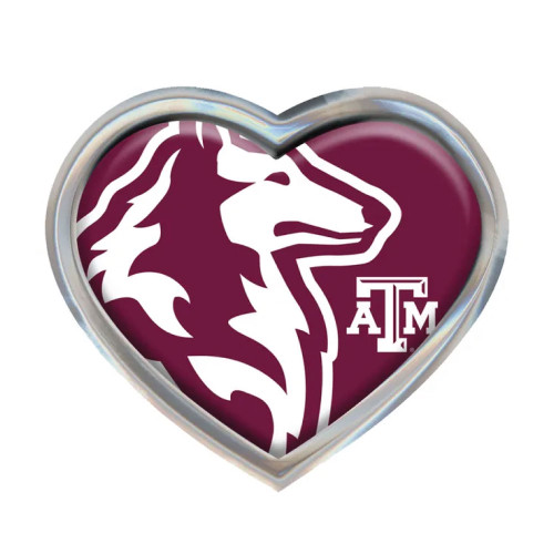 Heart shaped Texas A&M car emblem with maroon background, white collie dog graphic, ATM logo, and silver metallic border