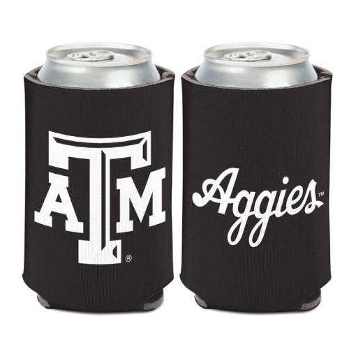 Black Texas A&M Aggies can cooler koozie featuring a large white ATM logo on one side and script Aggies text on the reverse side