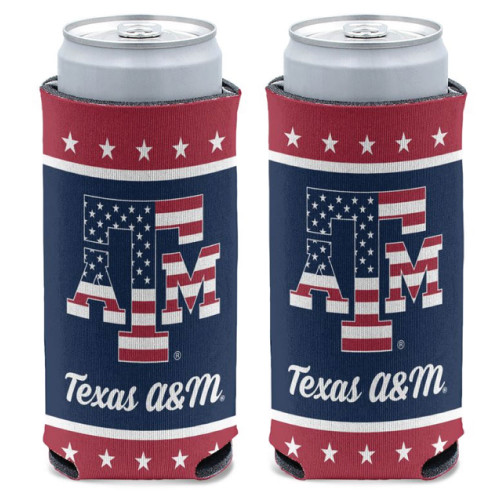 Texas A&M Aggies patriotic skinny can koozie featuring an American flag ATM logo with red white and blue stars and Texas A&M script lettering for slim cans