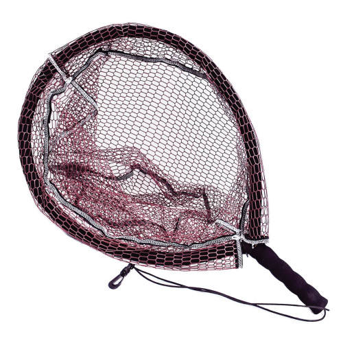 Maroon fishing net with black trim and black foam grip handle featuring a wide circular net opening, lightweight mesh netting, attached wrist strap, and collapsible outdoor fishing design displayed against a white background