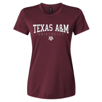 Ladies maroon Texas A&M performance T-shirt featuring distressed white "Texas A&M University" lettering and a small Texas A&M logo on the front.