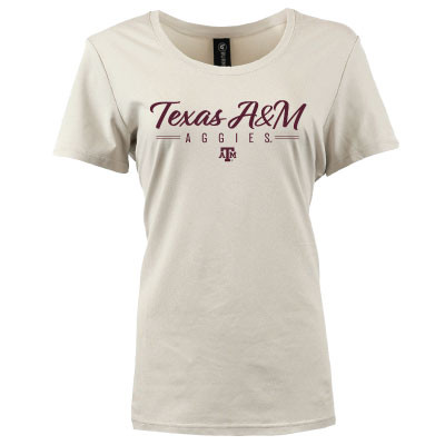 Ladies cream Texas A&M performance T-shirt featuring maroon script "Texas A&M" lettering, "Aggies" text, and a small Texas A&M logo on the front.