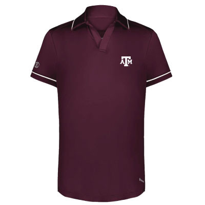 Ladies maroon Texas A&M polo featuring white piping accents on the collar, shoulders, and sleeves with an embroidered white Texas A&M logo on the left chest.