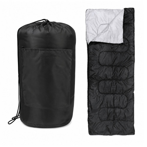 Black sleeping bag with gray interior shown rolled into a matching carrying bag and laid open flat as an add on accessory for a Texas A&M Corps of Cadets footlocker trunk