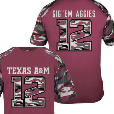 Texas A&M youth performance T-shirt featuring a maroon body, camouflage raglan sleeves, "Texas A&M 12" graphic on the front, and "Gig 'Em Aggies" with a camouflage number 12 on the back.