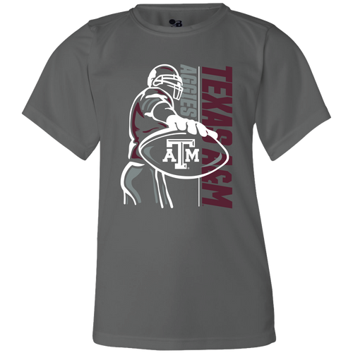 Youth gray Texas A&M performance T-shirt featuring a football player graphic holding an A&M football with vertical Texas A&M Aggies lettering. Lightweight athletic tee designed for sports, game days, and active wear.