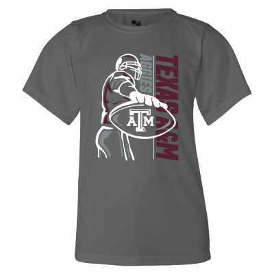 Youth gray Texas A&M performance T-shirt featuring a football player graphic holding an A&M football with vertical Texas A&M Aggies lettering. Lightweight athletic tee designed for sports, game days, and active wear.