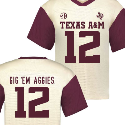 Texas A&M layered mesh jersey featuring a cream body, maroon sleeves, "Texas A&M" lettering, and number 12 on the front and back with a relaxed boxy fit.