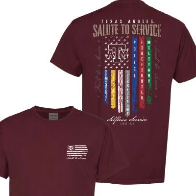 Maroon Texas A&M Salute to Service T-shirt featuring a small patriotic front graphic and colorful military branch ribbons with the Texas A&M logo and stars across the back.