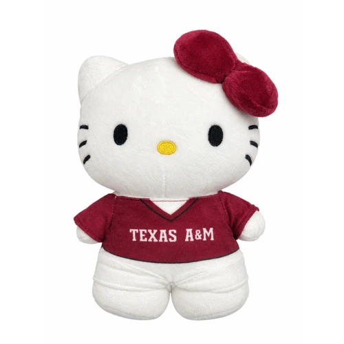 10-inch Texas A&M Hello Kitty plush featuring a white Hello Kitty character with a maroon bow, maroon V-neck Texas A&M shirt, white bottoms, black whiskers, and yellow nose.